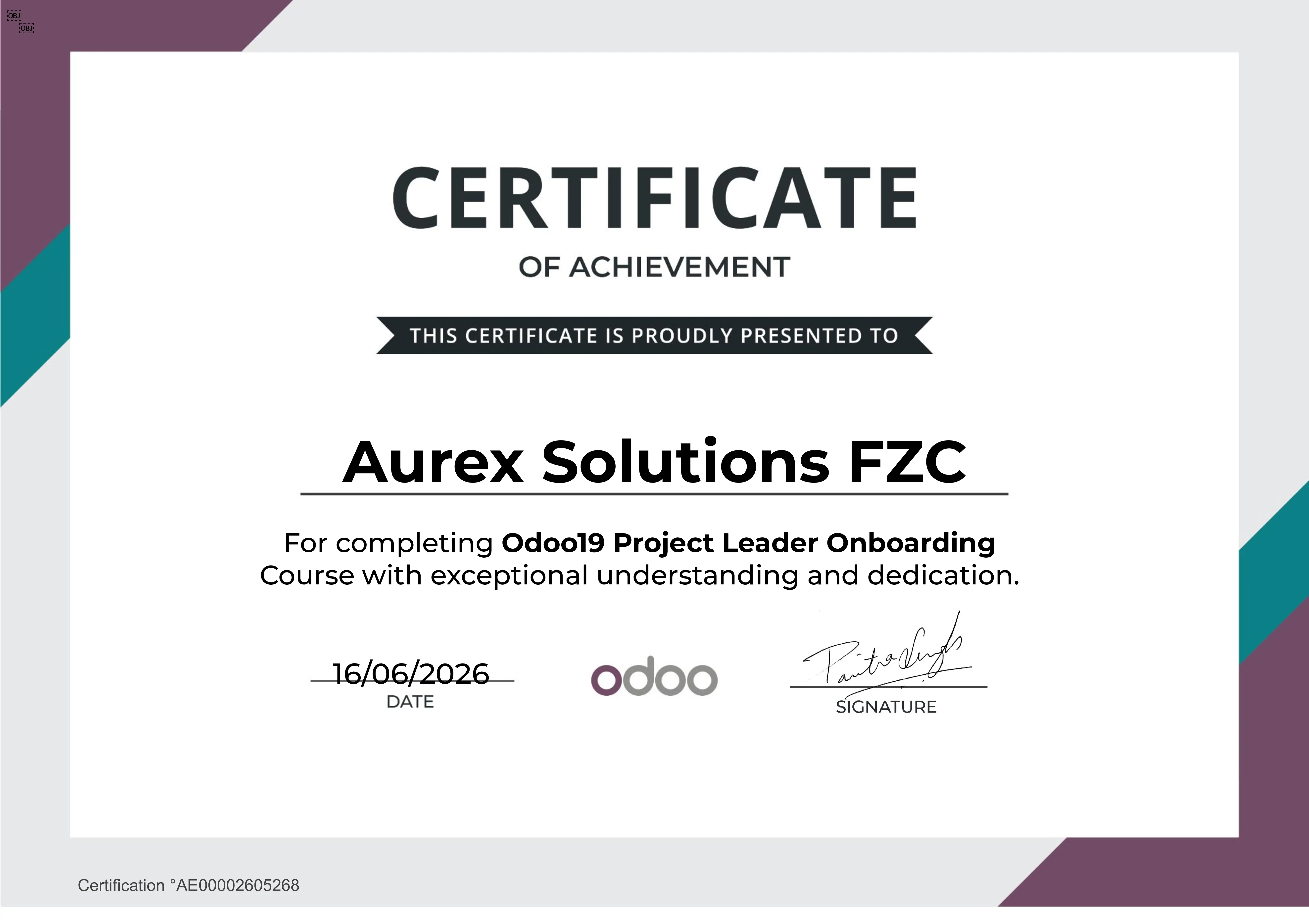 Odoo 19 Project Leader Onboarding certificate for Aurex Solutions FZC